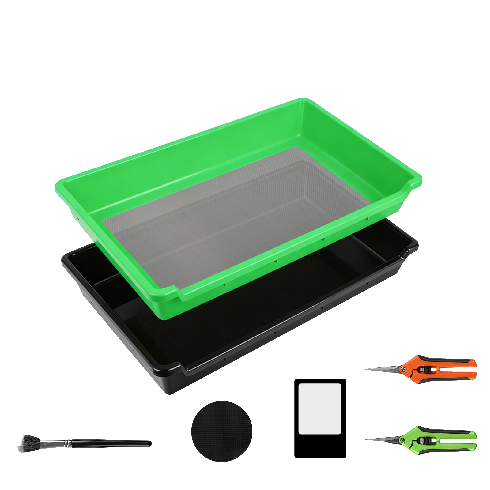 Trimming Tray Set Professional Trimmschale mit XXL Edelstahlsieb 150 Mikron,Ergonomisches Extra Tiefe Pollen-Schale & Rutschfester Boden, Komplettset mit 2 Scheren Bürste und Lupe, 51,5 x 35,5cm
