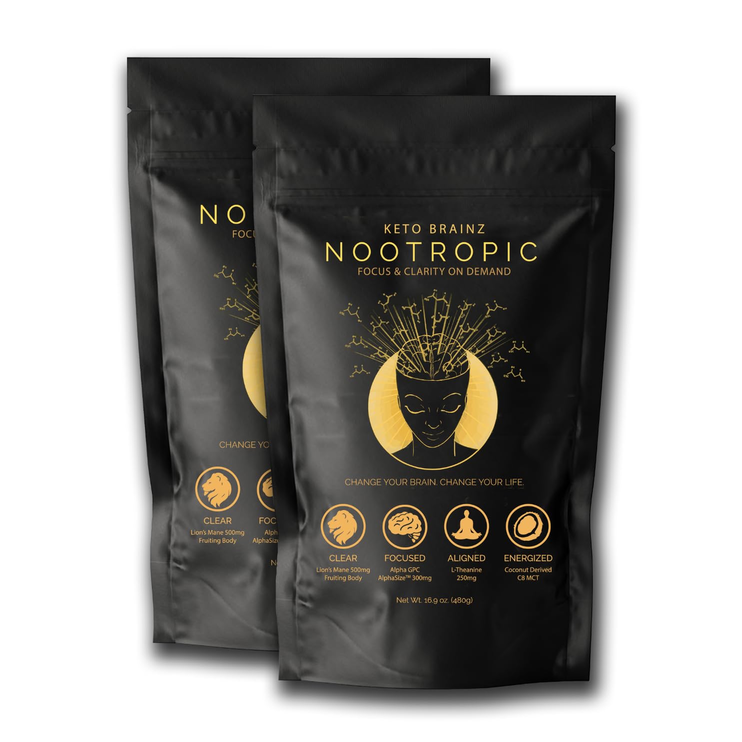 Keto Brainz 2-Pack Nootropic Nondairy Keto Friendly Creamer Single Bag, C8MCT based Nootropic, 500mg Lion's Mane Mushroom, 300mg AlphaGPC & 250 mg L-Theanine