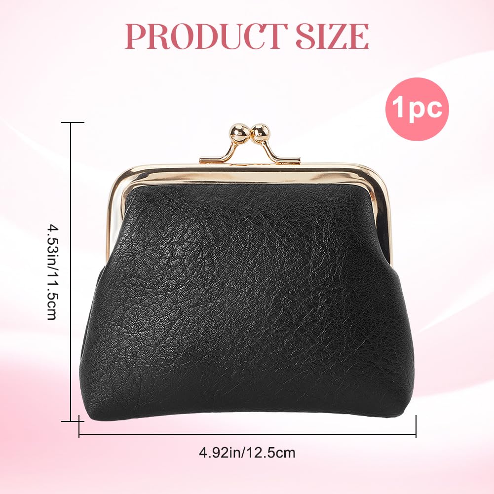 CREATCABIN Black Kiss Lock Mini Wallet Vintage Leather Coin Purse Ladies Money Pocket Metal Frame Compact Hand-held Slim Wallet Gift for Women Men Credit Card Keys Coin Headset Storage 4.1x4.3x1.2in - Image 2
