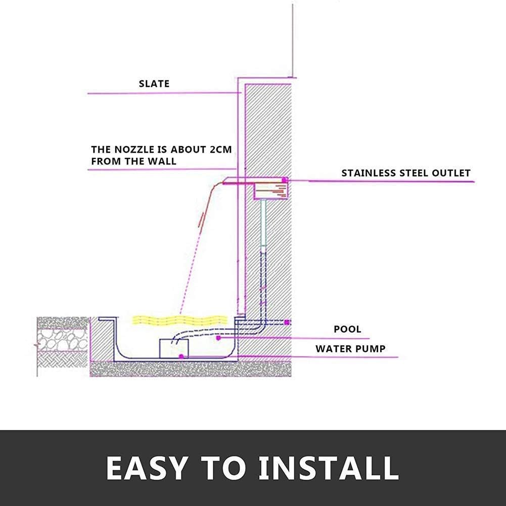 長方形の池の噴水、LEDストリップライト付き滝の流出路、長方形の壁掛け式プール噴水
