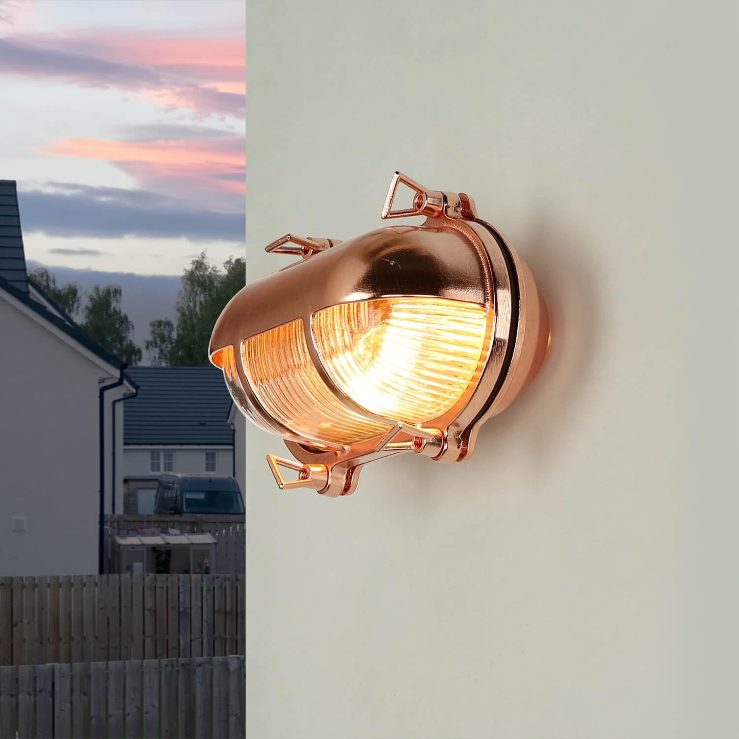 Licht-Erlebnisse Außenleuchte Wand Messing Glas in Kupfer IP64 Hof Hauseingang T:11 cm E27 Schiffslampe Maritim Outdoor Wandleuchte Garage SKIATHOS