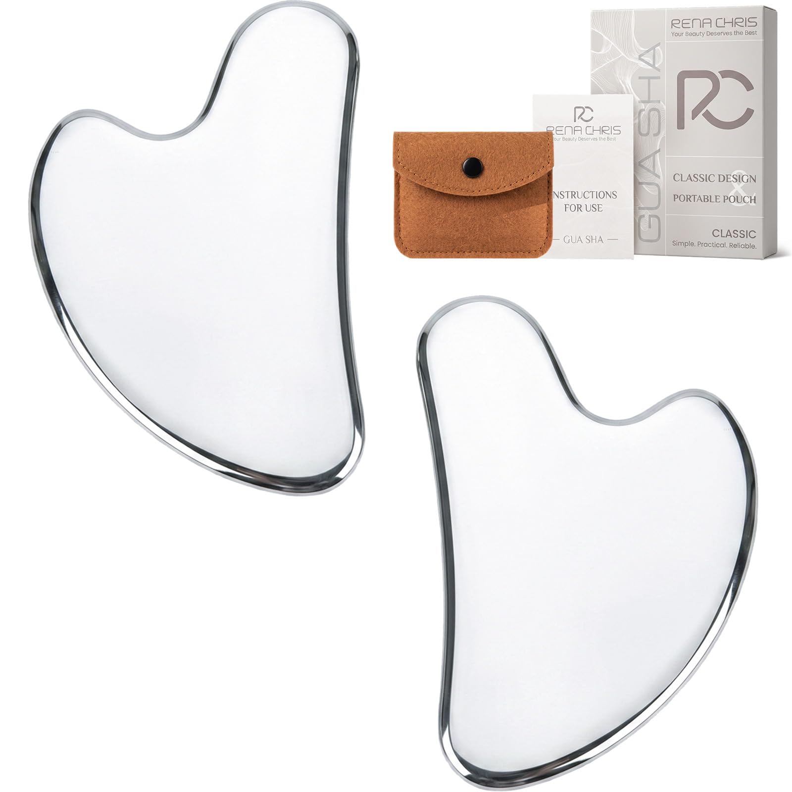 2PCS Rena Chris Gua Sha Facial Tools, Stainless Steel Guasha Tool- Silver