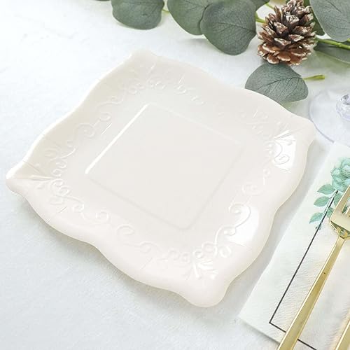 Miniatura 6 de Tableclothsfactory Paquete de 25 platos cuadrados blancos de papel de postre vintage de 7 pulgadas, platos de fiesta desechables de cerámica