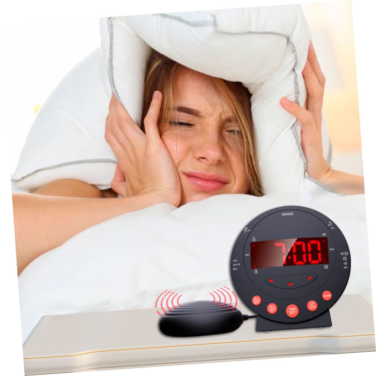 Reloj Despertador Vibración Fuerte con Luz Intermitente para Sordos y Personas con Sueño Profundo Multifunción para Dormitorio Oficina y Hotel de Volumen y Brillo