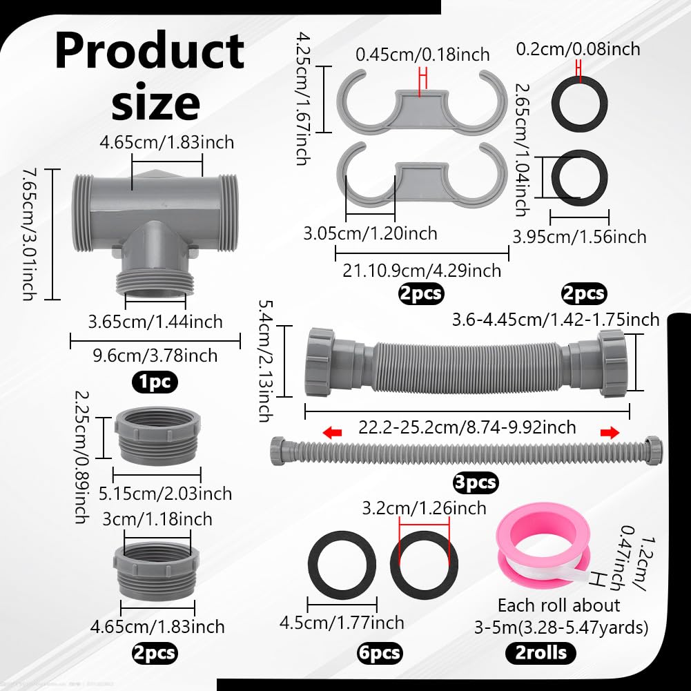 NBEADS Kit de drenaje de doble fregadero, trampa P flexible, juego de fontanería con 2 rollos de cinta de sellado PTFE, kit de tubos para cocina y baño con anillo de sellado, gris
