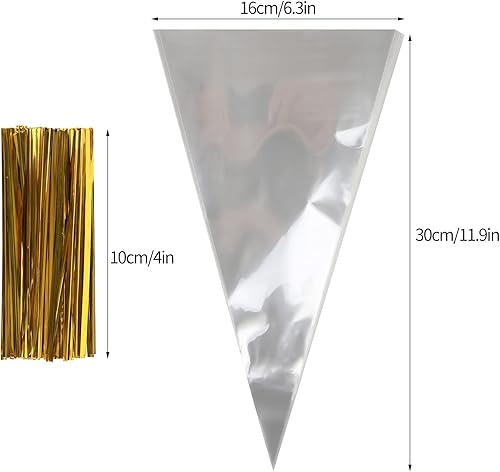 Miniatura 7 de LOMIMOS Bolsa de celofán triangular transparente de 5 x 10 pulgadas, bolsa de golosinas en forma de cono con lazos giratorios para panadería hecha a