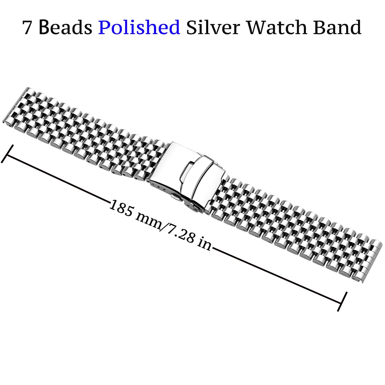 Juntan 20mm Stainless Steel Watch Band, 7 Half Beads Polished Silver Watch Bands for Men Women, Metal Quick Release Watch Strap Watch Bracelet with Deployment Double Folding Buckle