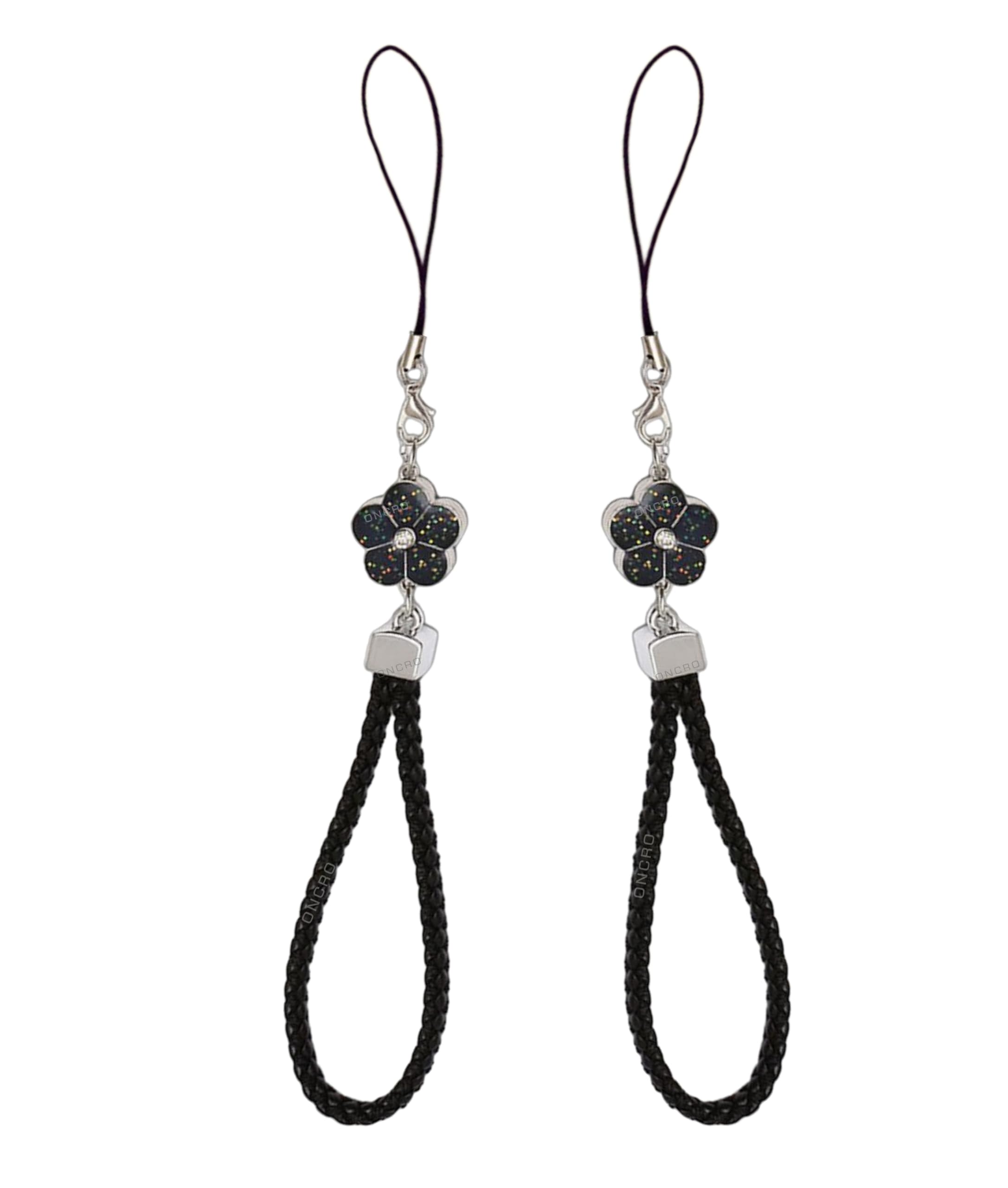 Pack of 2 Black Flower Shape pendant Nylon Braided and leather hand strap lanyard phone charm cute ascetic wrist hanging rope thread ideal for Cameras keys pen drive electronics accessories-image-43