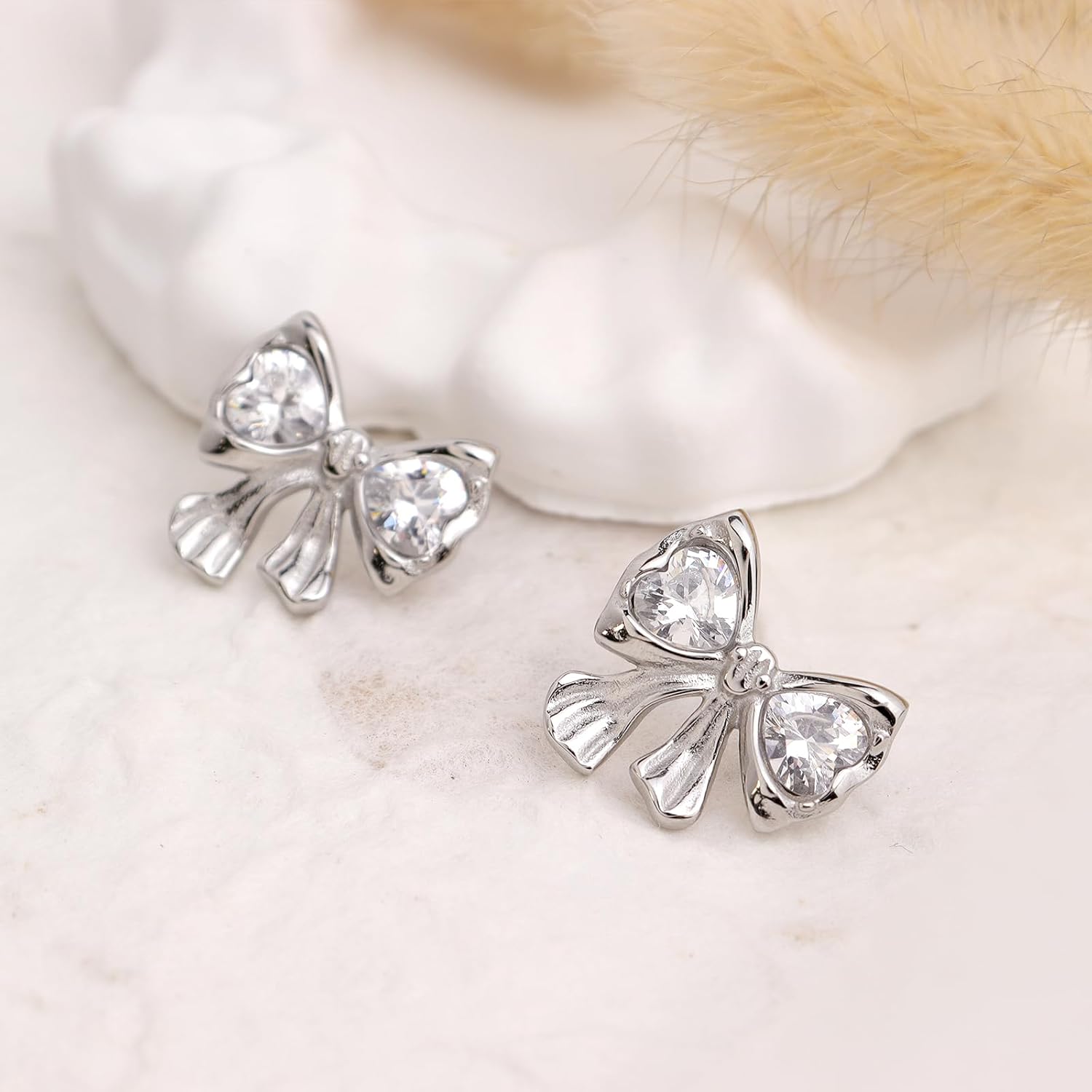 Chunky Silver Crystal Rhinestone Bow Stud Earrings for Women,Statement Fashion 14K Gold Heart Cubic Zirconia Ribbon Earing Wedding Prom Jewelry Gift - Image 4