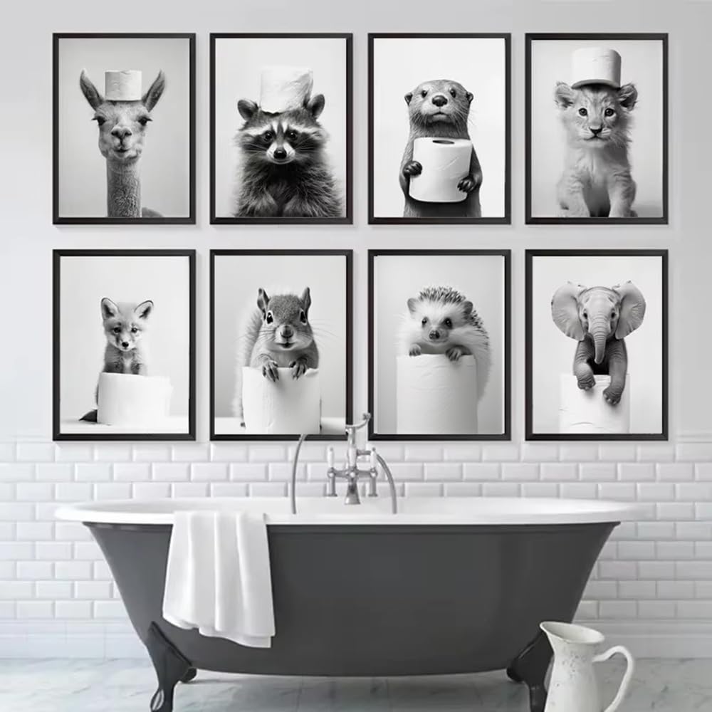 Affiche Murale Noir et Blanc Humour Animaux 40x50 Poster WC Deco Salle de Bain Toilette Humoristique