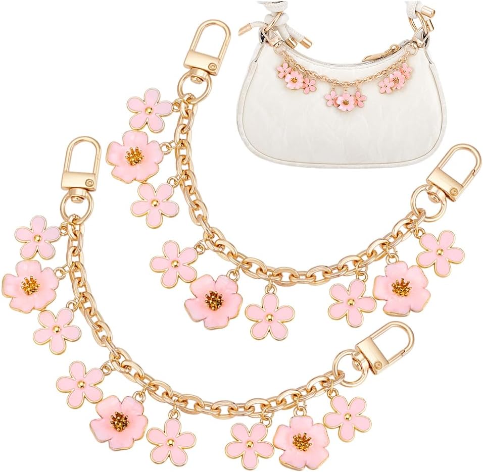 PH PandaHall 2pcs Decorative Bag Chain, 7.9" Purse Chains Enamel Pink Flower Charm with Swivel Clasps Replacement Extender Handbags Chain for Handbags Purse Shoulder Tote Bag Keychain