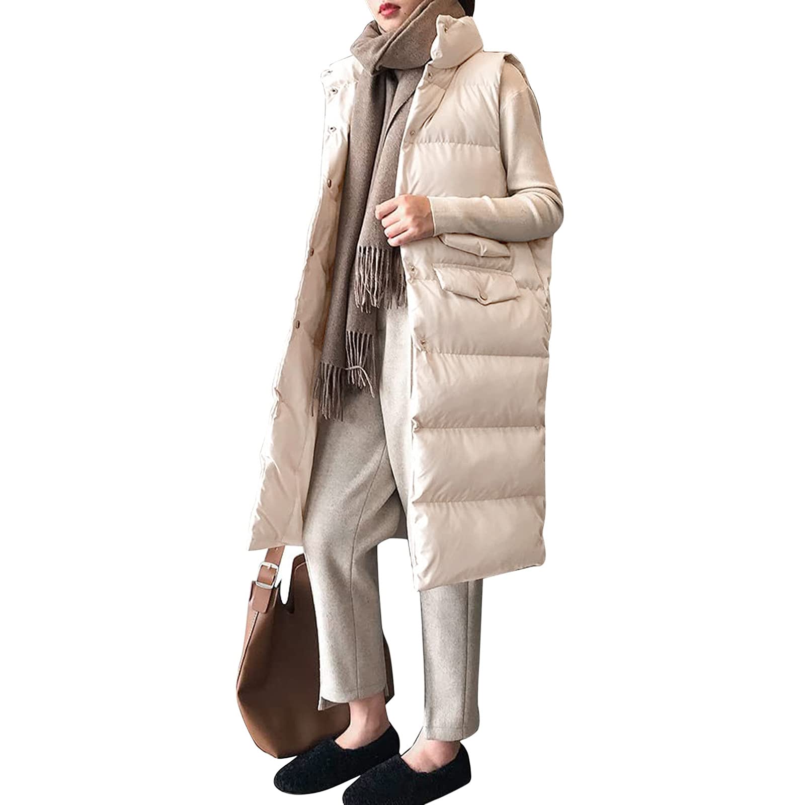 Generisch Chaleco de plumón para mujer, ligero, largo, sin mangas, chaqueta de plumas para mujer, chaqueta de plumas para exteriores, abrigo de invierno cálido, abrigo de invierno con botones