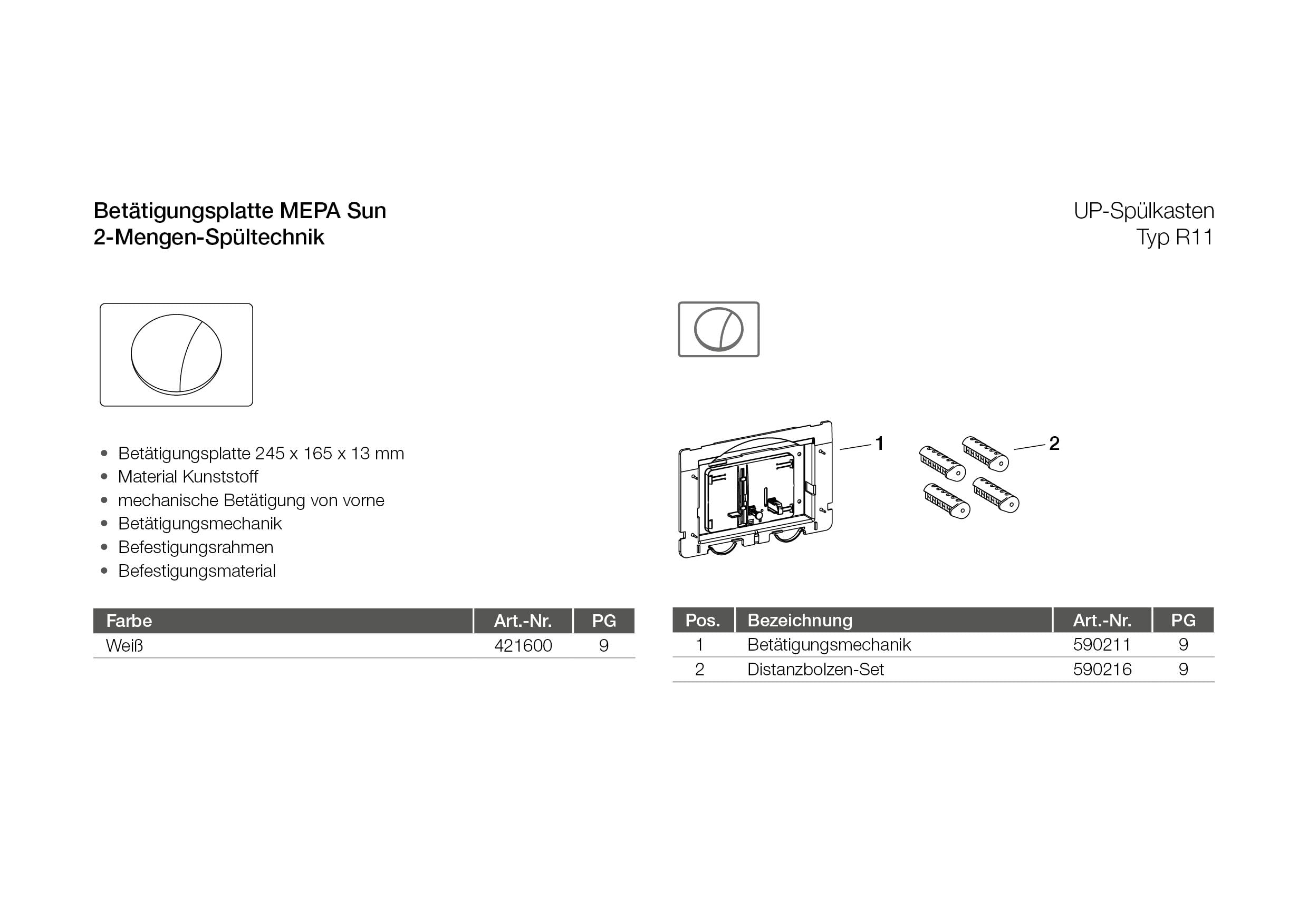 MEPA MEPA Sun 2-M R11 421600 - Pulsador de inodoro (plástico, 245 x 165 x 13 mm, mecanismo de descarga de 2 cantidades, mecanismo de descarga mecánica, para cisternas Sanicontrol UP, tipo R11