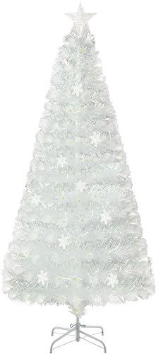 Miniatura 10 de HAPPYGRILL Árbol de Navidad de fibra óptica artificial de 7 pies, árbol de Navidad blanco preiluminado con hojas iridiscentes, 36 luces de copo de