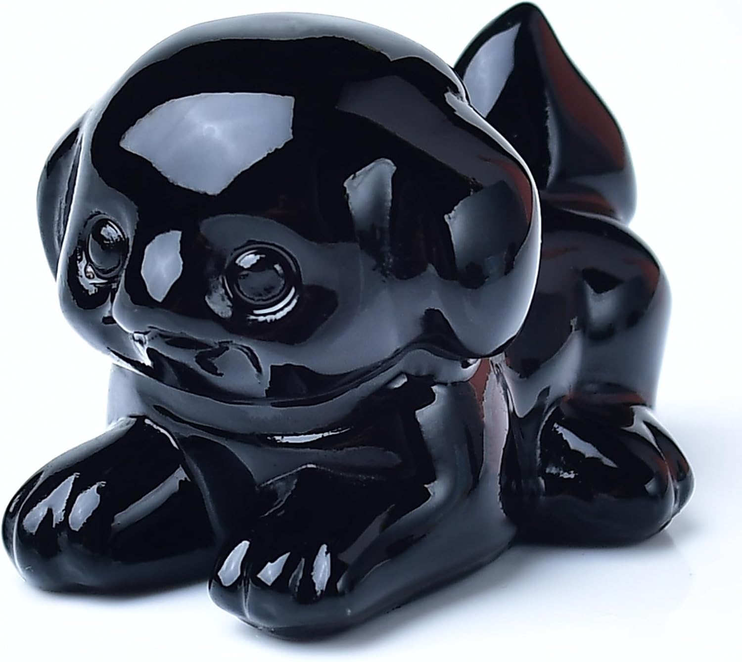 Obsidian Crystal Dog Figurine 1.57 Inch, Handmade Healing Stone Guardian Statue, Chakra Reiki Meditation Pocket-Sized Decor, Luck Gift for Home Office Desk - Protection & Positivity