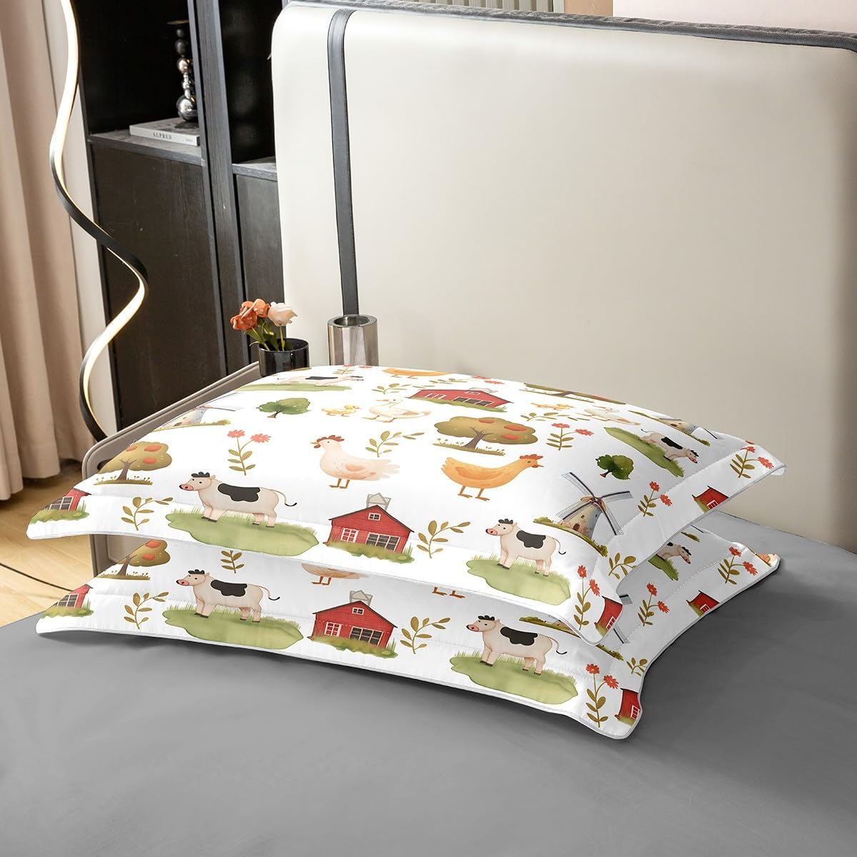 Manfei Rustic Farm Life Full Size Cotton Duvet Cover,Farmhouse Cabin Apple Trees Botanical Leaves Quilt Cover(No Filler),Cute Animal Cow Duck Chicken White Comforter Cover for Kids Adults Bedroom