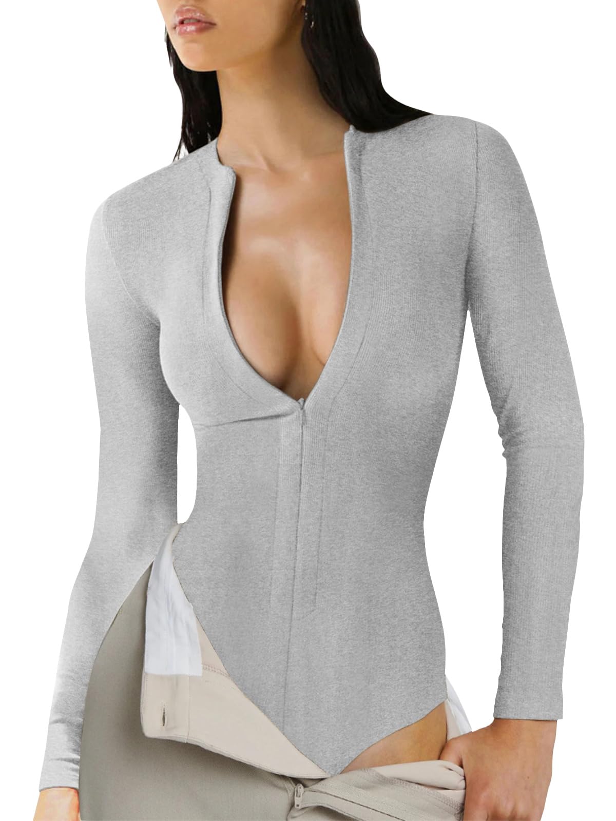 CAIYING Bodysuits for Women Sexy Deep V Neck Zip Up Bodysuit Ribbed Long Sleeve One Piece Bodysuit Tops
