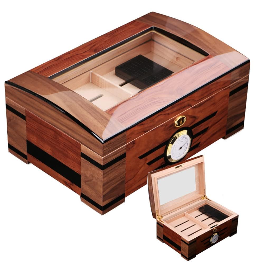 Humidor per sigari in legno di cedro, Humidor per sigari con finestra superiore trasparente, con umidificatore igrometro, con custodia con chiusura a chiave può contenere fino a 100 sigari, regalo per