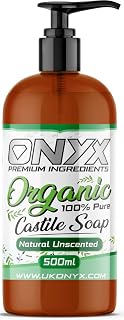 Onyx Organic Castile Liquid Soap, 100% Pure & Natural, Vegan, SLS and SLES Free (500ml with Pump (Unscented))