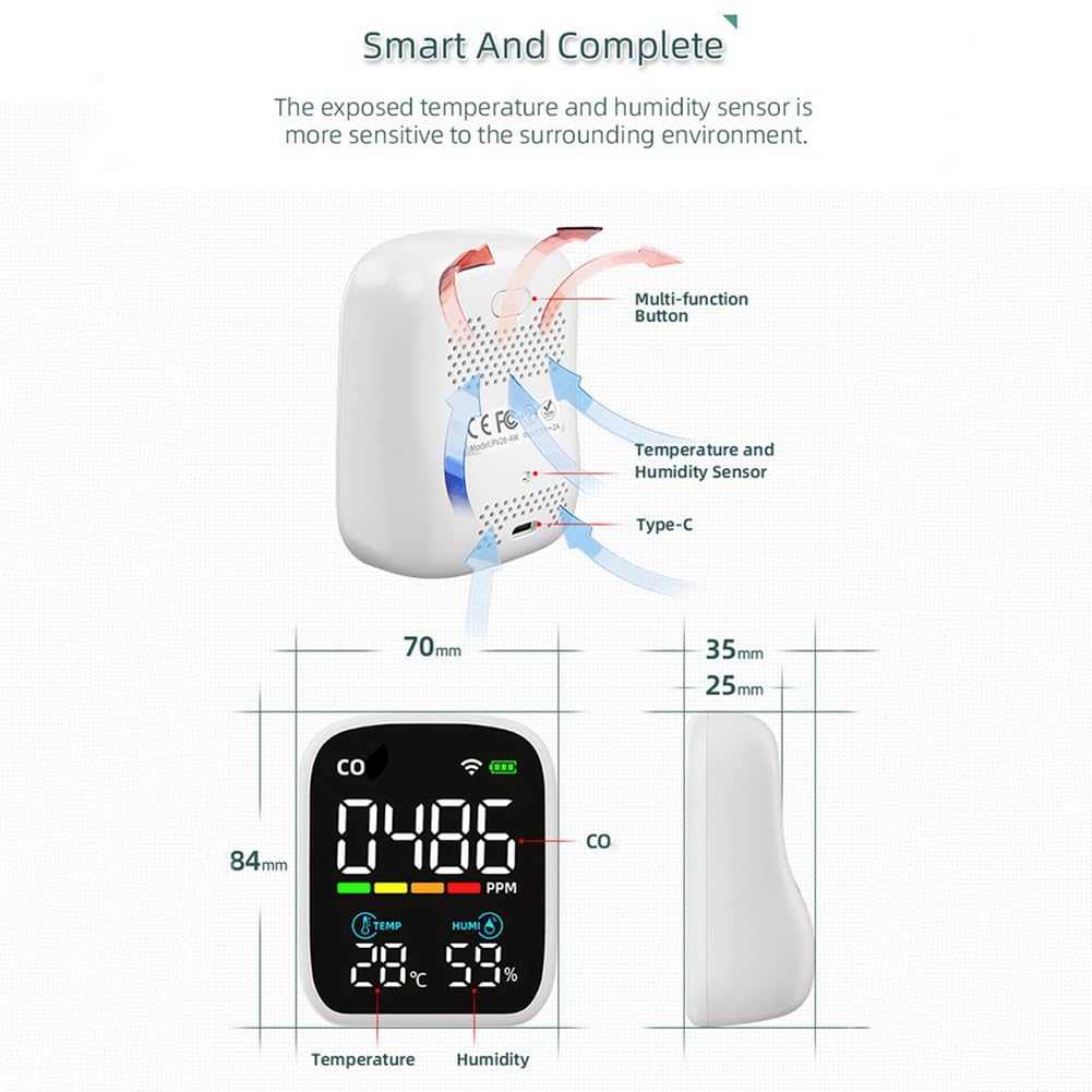 TORR PV28 Mini Detector de CO Inteligente WIFI, Monitor de Calidad del Aire Interior 3 en 1, Medidor de Temperatura y Humedad de CO, Probador de CO