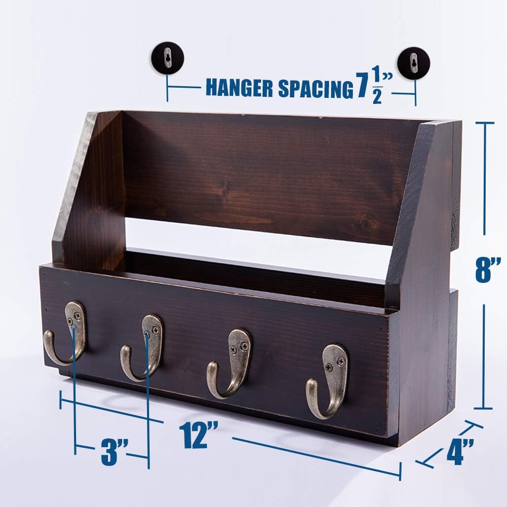 Flintar Wall Mounted Key and Mail Holder with 4 Hooks. Made of Solid Wood. Use as Key Rack, Entryway or Mudroom Organizer, Mail Sorter, Magazine Holder, Bill Sorter, Rustic Home Decor (Walnut)