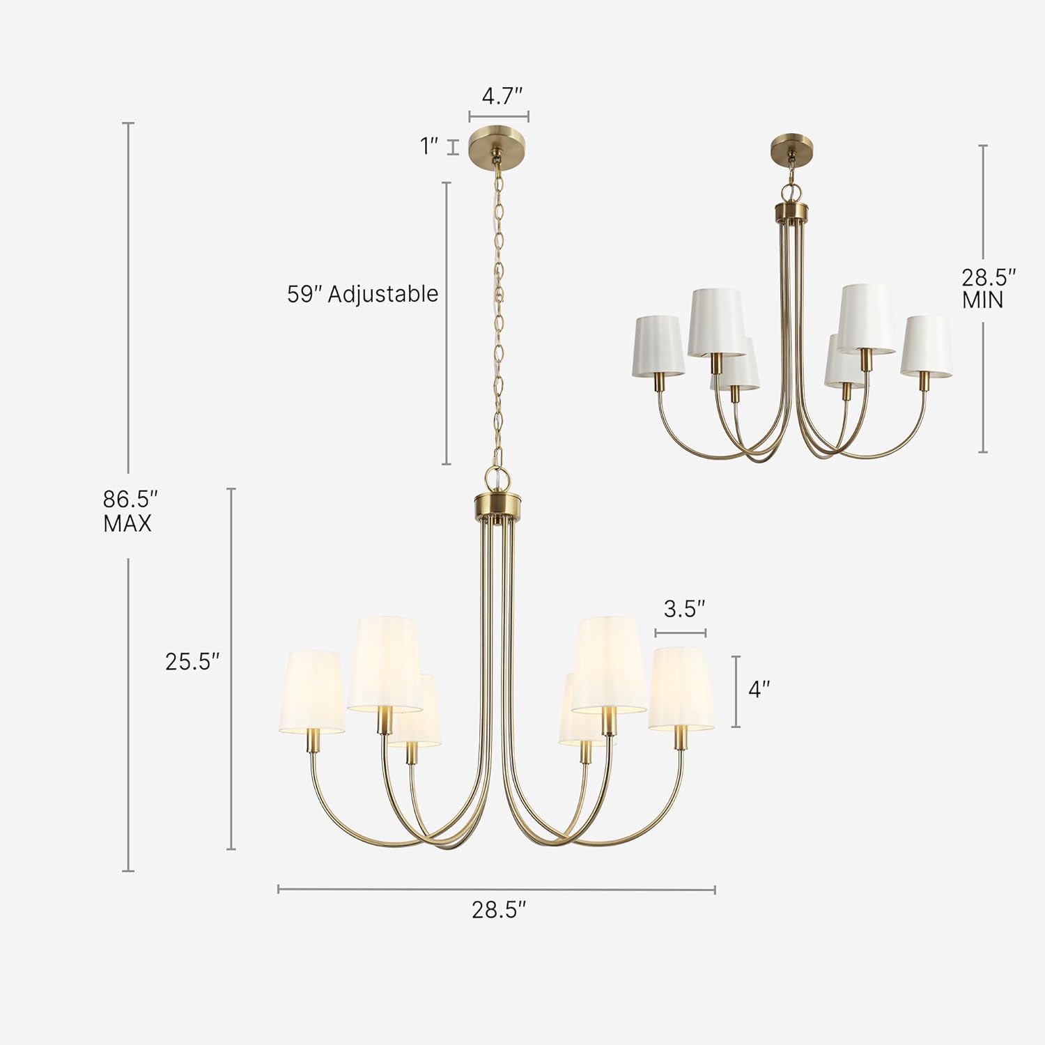 Modern Gold Chandelier with White Fabric Shades, 6-Light Dining Room Light Fixture with Electroplated Brass Finish 28.5" Dia