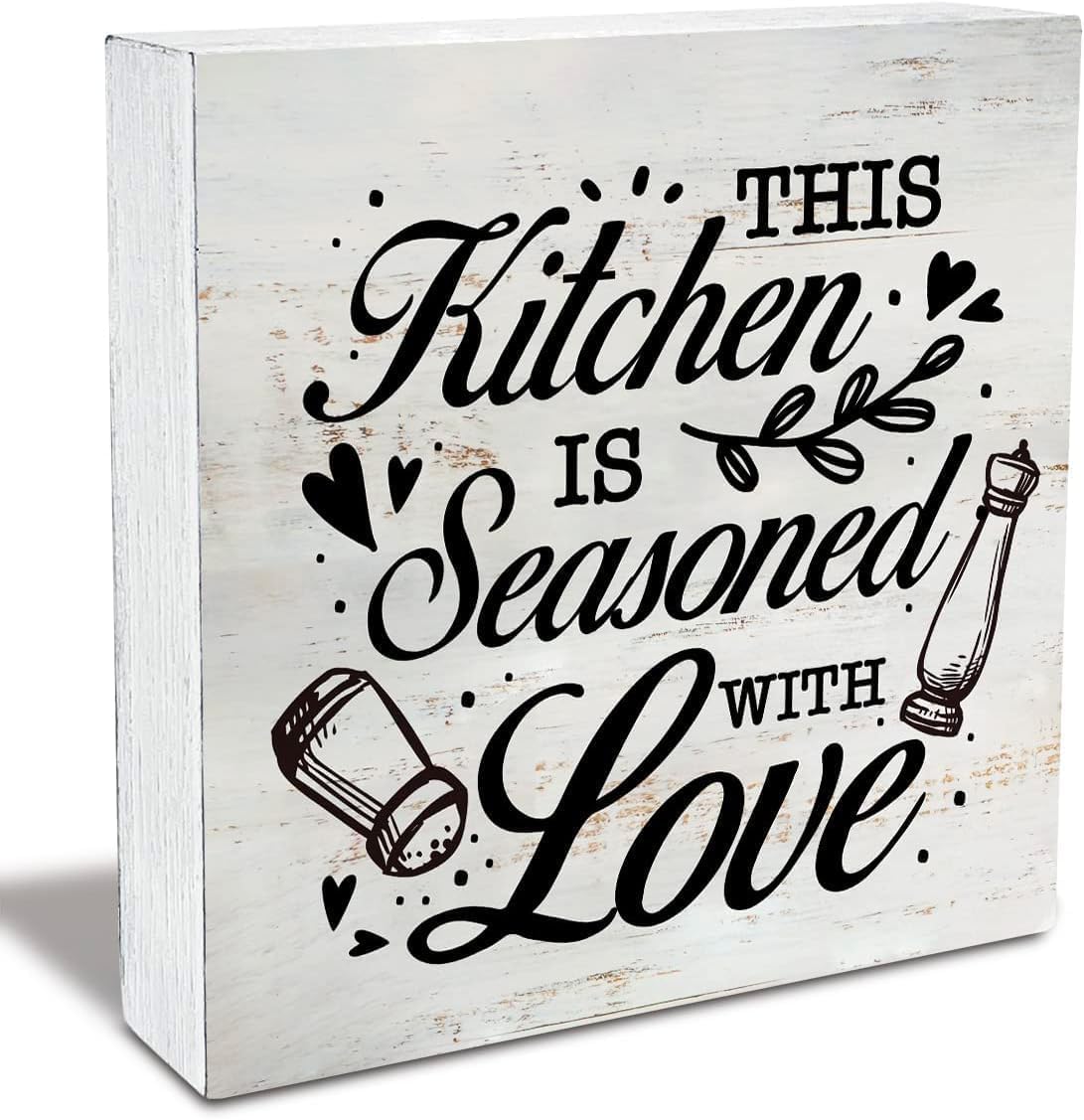 Rustic This Kitchen Is Seasoned With Love Wood Box Sign Funny Kitchen Wooden Box Sign Farmhouse Home Desk Shelf Decor 5x5 Inch
