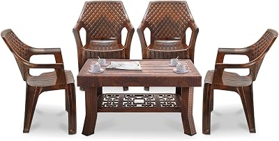 Plastic Chair & Table Combo | Elegant Design for Indoor & Outdoor Use | Lightweight & Durable (Teakwood, 4 Chair+1 Table)