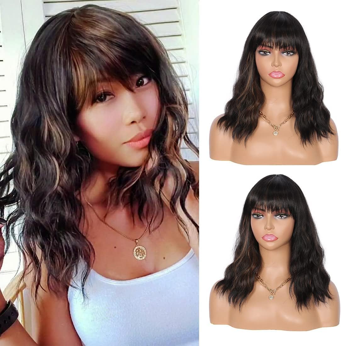 Kalyss 14" Black Wig with Fringe with Brown Short Curly Wigs for Women Loose Wave Wig Bob shoulder Synthetic Hair