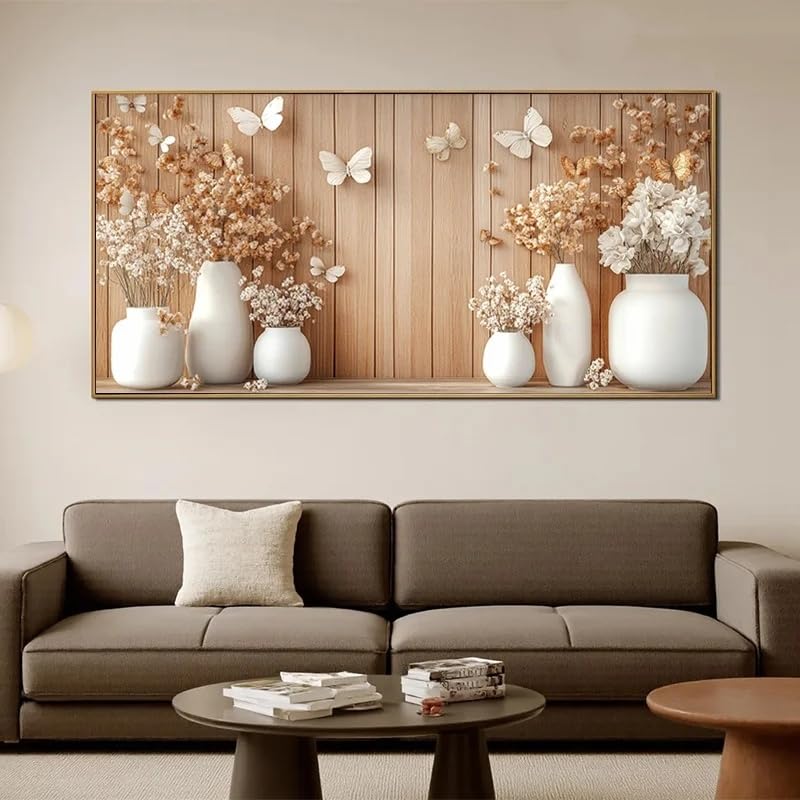 SDVIB Moderne abstrakte Wandkunst mit weißen Vasen und Trockenblumen, für Wohn- und Schlafzimmer (80 x 160 cm/rahmenlos)