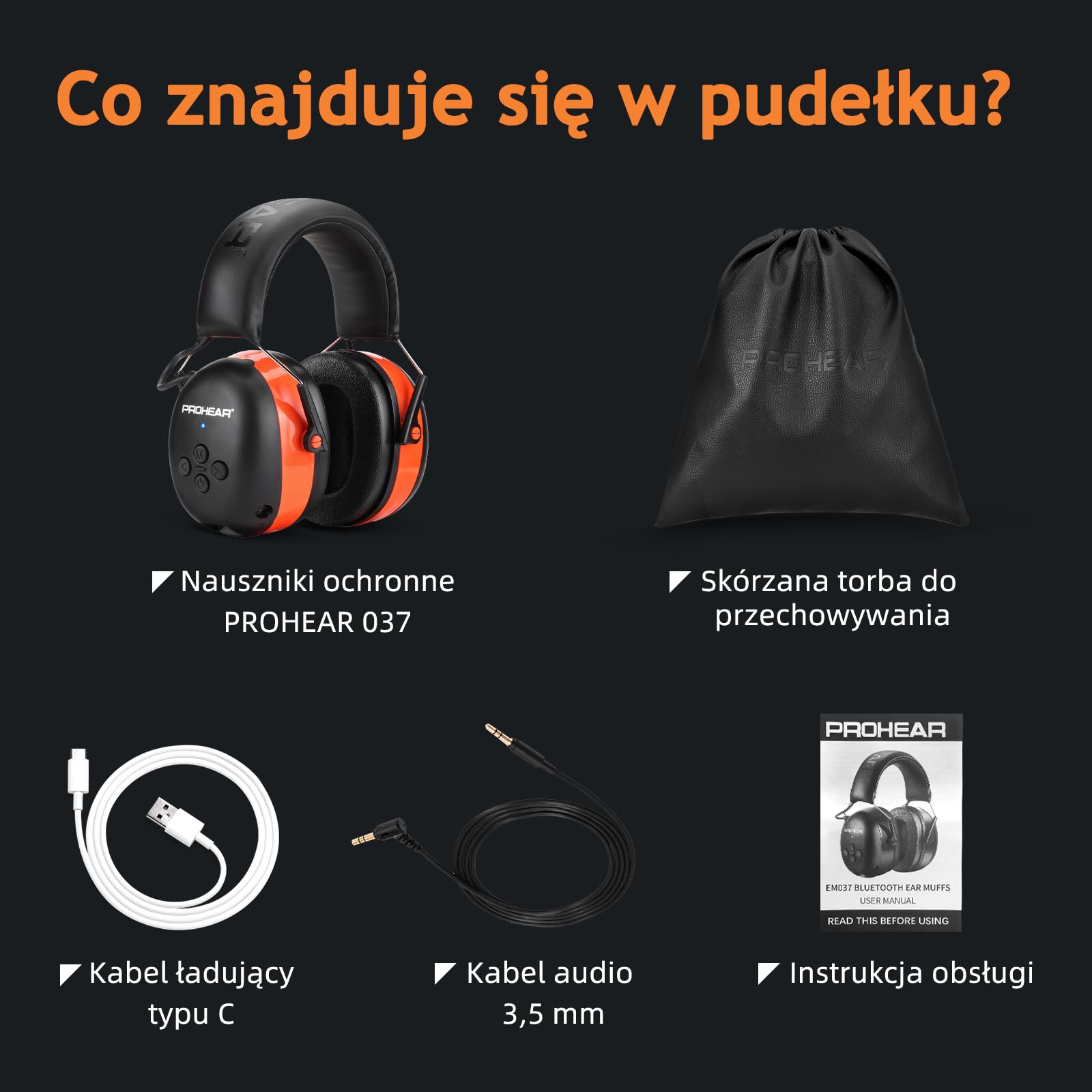 PROHEAR 037 Ochrona słuchu z Bluetooth, słuchawki z technologią BT 5.4 z wbudowanym mikrofonem i redukcją hałasu do koszenia i hałaśliwych aktywności rekreacyjnych, SNR 30 dB, NRR 25 dB - pomarańczowy
