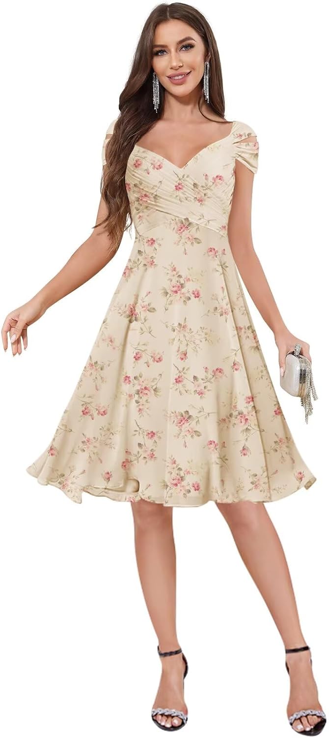 Short Bridesmaid Dresses Off The Shoulder Knee Length Ruched Chiffon Wedding Guest Dress