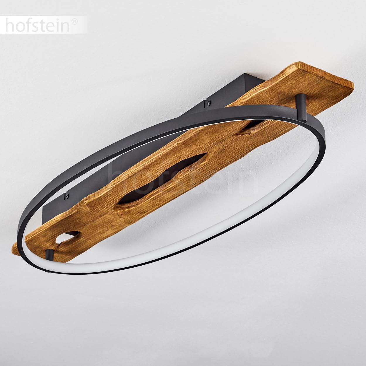 HOFSTEIN LED Deckenleuchte Nevogilde, moderne Deckenlampe aus Metall/Holz/Kunststoff in Anthazit/Natur/Weiß, Leuchte im skandinavischen Design mit Holzbalken, 2400 Lumen, 3000 Kelvin, 20 Watt