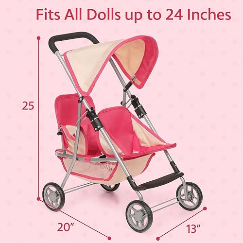 Vista 3 de Fash n kolor, Twin Doll Double Stroller Pink & Off-White Design Easy to Fold Double Stroller with Basket in The Bottom Rosa