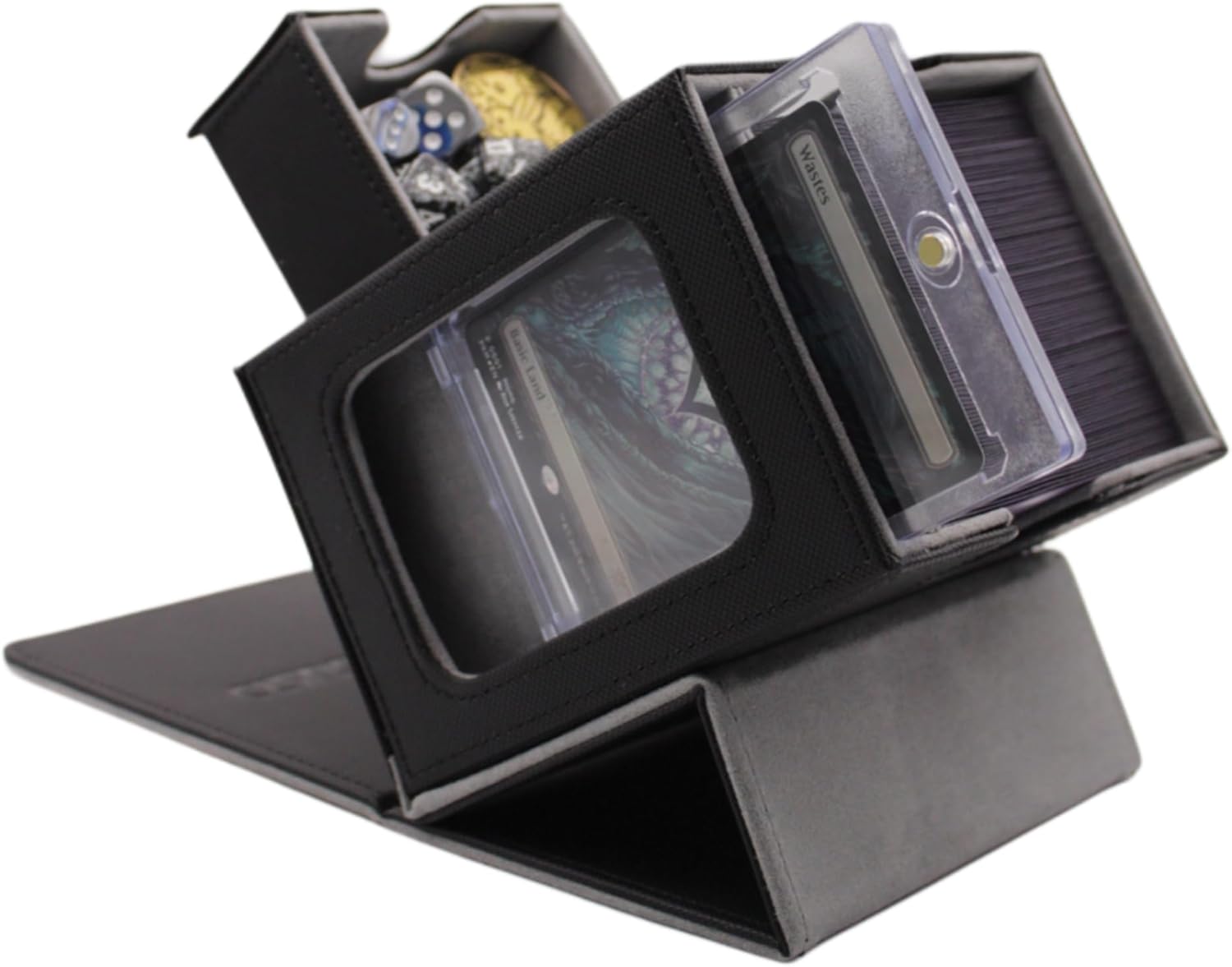 Premium MTG Commander Deck Box With Display Window, Dice Tray, Holds 100+ Double Sleeved Cards, Magnetic 35pt Protective Card Display (Gray)