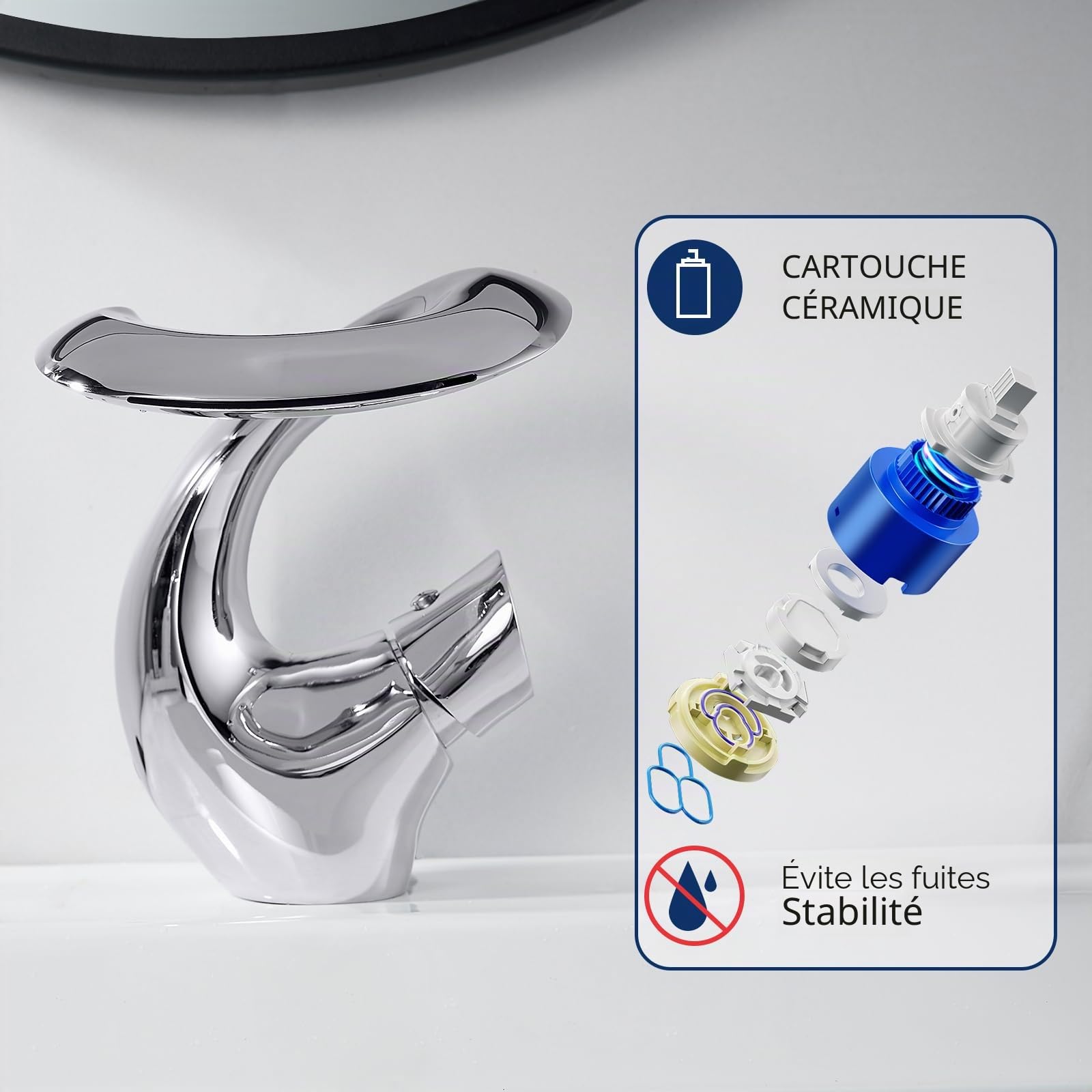 Robinet Salle de Bain Cascade Chrome Mitigeur Lavabo Robinetterie Lavabo Robinetterie Argent Moderne Robinet Salle de Bain Élégant Lavabo, Robinet de Salle de Bain Froide et Chaude Laiton