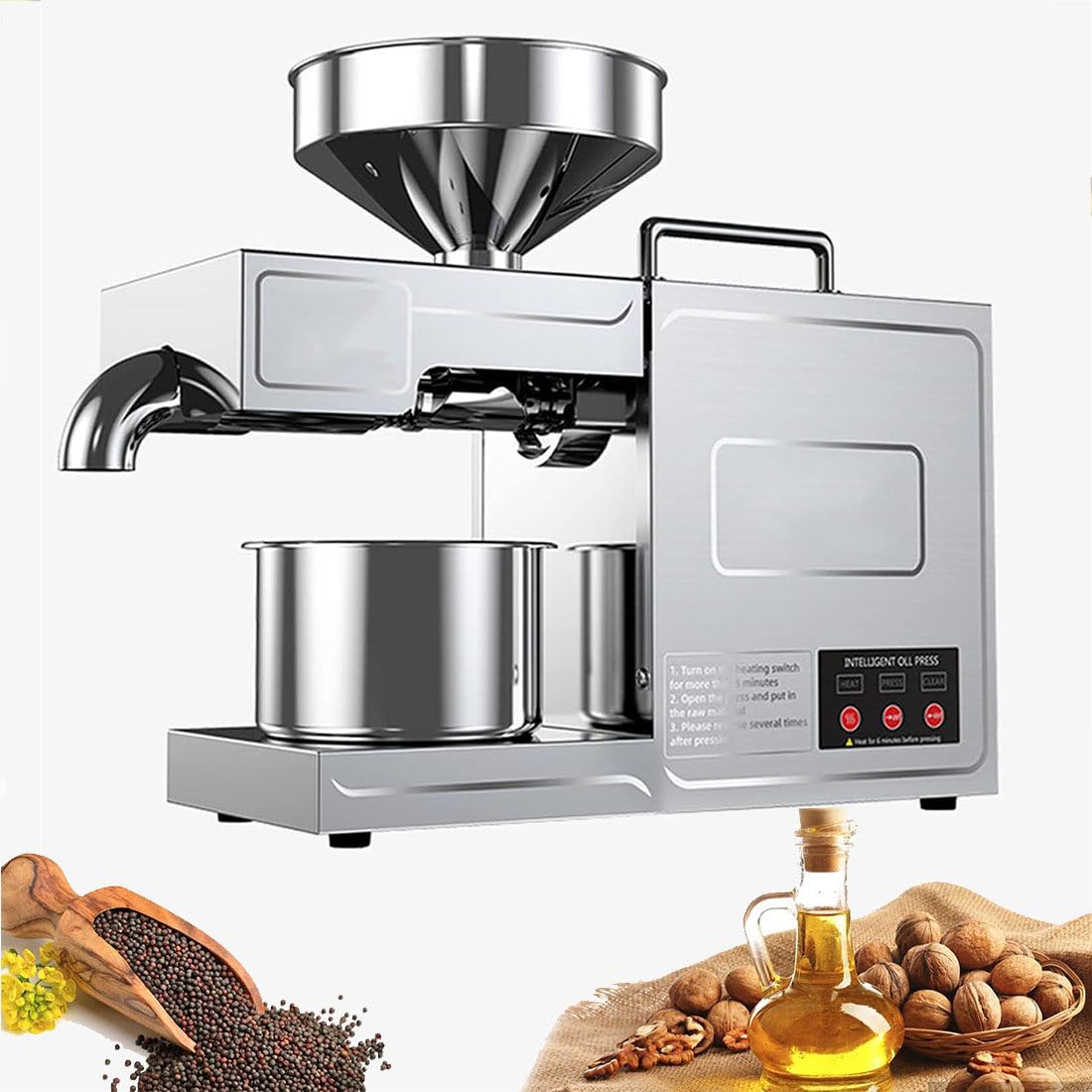 HCZKIUJY Stainless Steel Oil Press Machine, Hot and Cold Extraction for Peanut Sesame Flaxseed Walnut Sunflower Seed, Auto Temperature Control, 3-6KG/H Pressing Speed