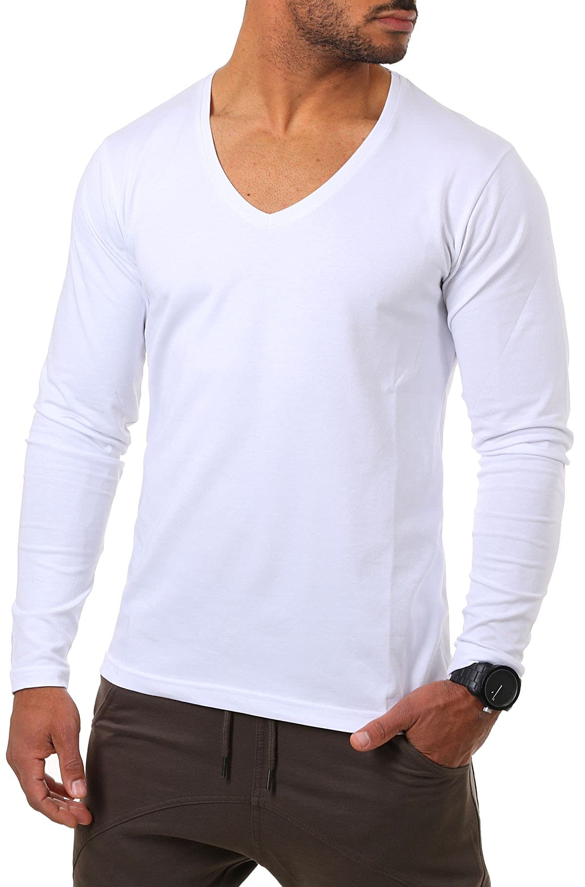Young & Rich Herren Uni Longsleeve Basic Langarm T-Shirt mit tiefem V-Ausschnitt Slimfit mit Stretchanteilen (3er Pack)