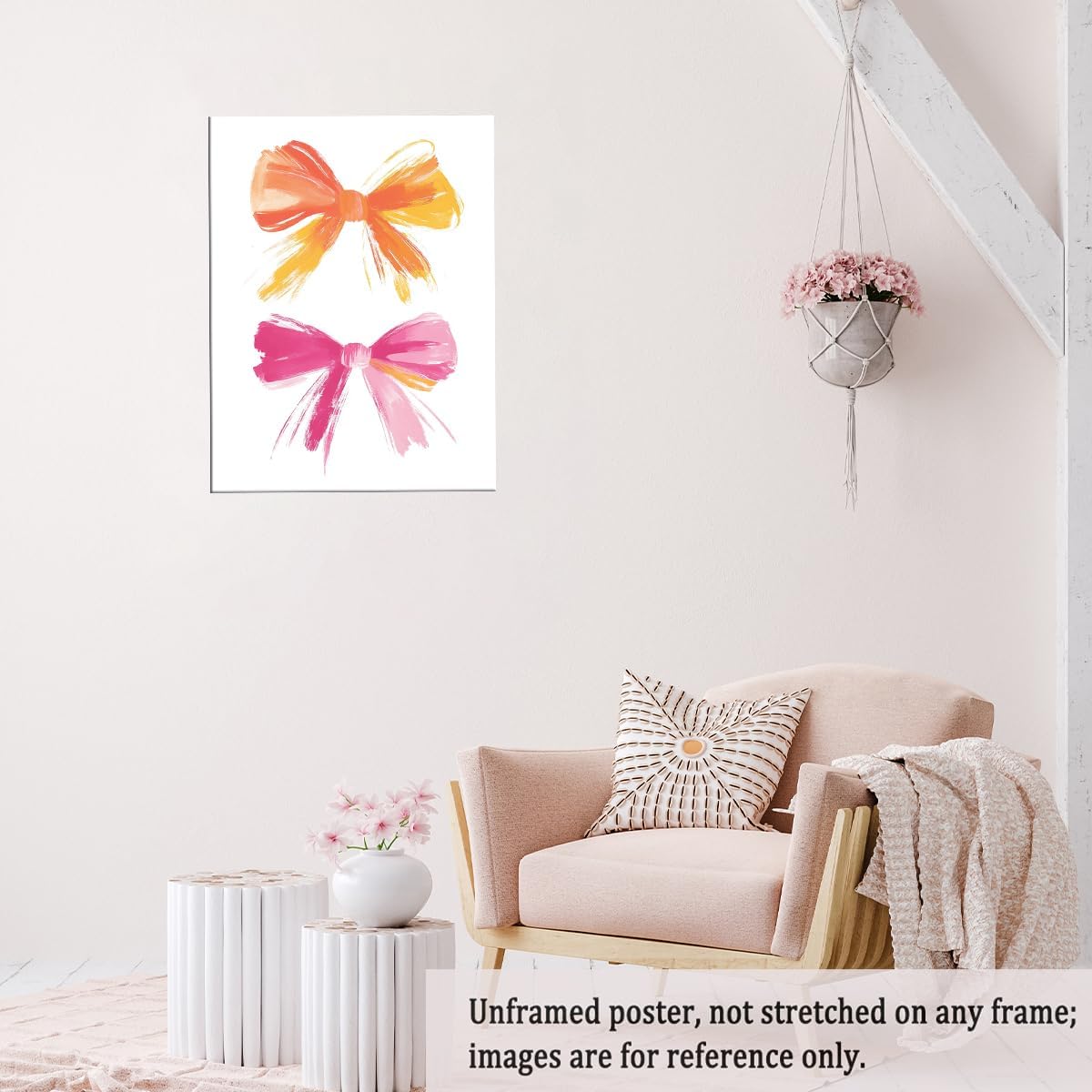 Pink and Orange Bow Canvas Wall Art Preppy Girly Posters for Trendy Preppy Dorm Room Girls Bedroom Nursery Cute Pastel Brushstroke Print Aesthetic Wall Decor Poster 20x30in Unframed