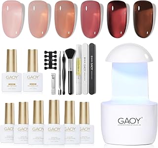 Gel Nail Polish Kit with UV Light for Beginners, 6 Colors Sheer Nude Red Pink Brown, Gel Polish Kit with Top and Base Coat for Salon and Nail Art DIY at Home, Rose Garden