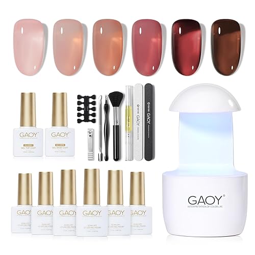 GAOY Kit de esmalte de uñas de gel con luz UV para principiantes, 6 colores transparentes nude, rojo, rosa y marrón, kit de esmalte de gel con capa