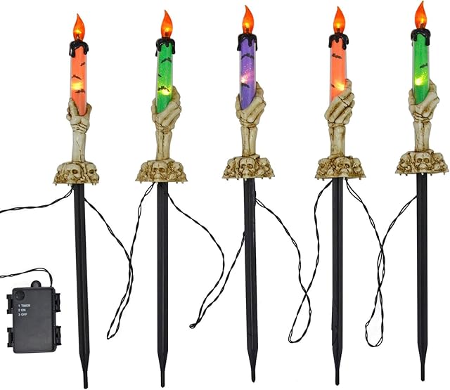 Cackle & Co Halloween Garden Lights Set Of 5 Candle Skeleton Stakes 46cm