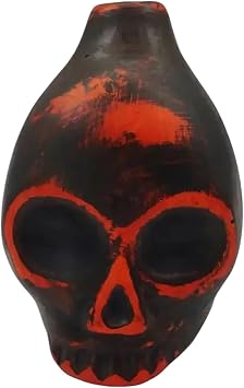 Aztec Death Whistle   Handcrafted Ceramic Skull Whistle for Terrifying Screams, Perfect for Halloween & Dia De Los Muertos   Authentic Aztec Ornament Black and Orange