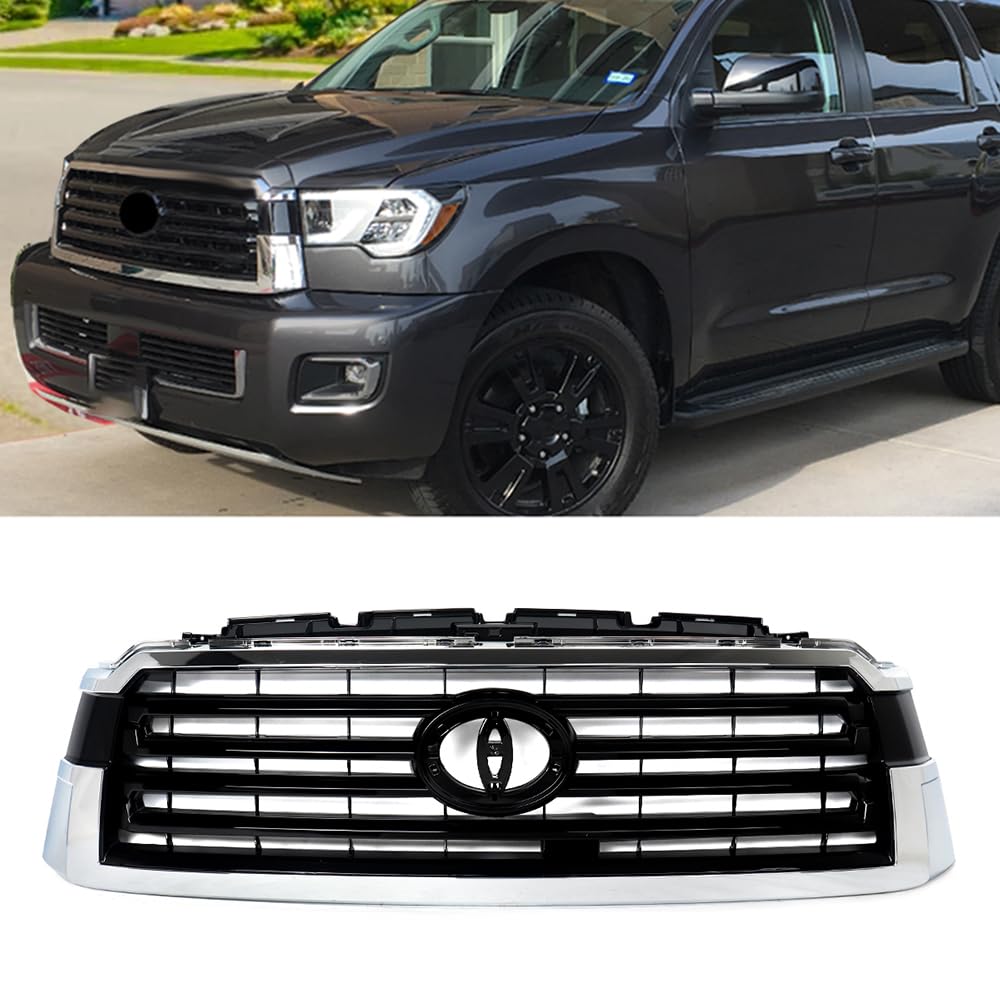 MIC Front Grille Grill Assembly Compatible with 2018-2022 Toyota Sequoia Platinum (Chrome+Gloss Black Trim)
