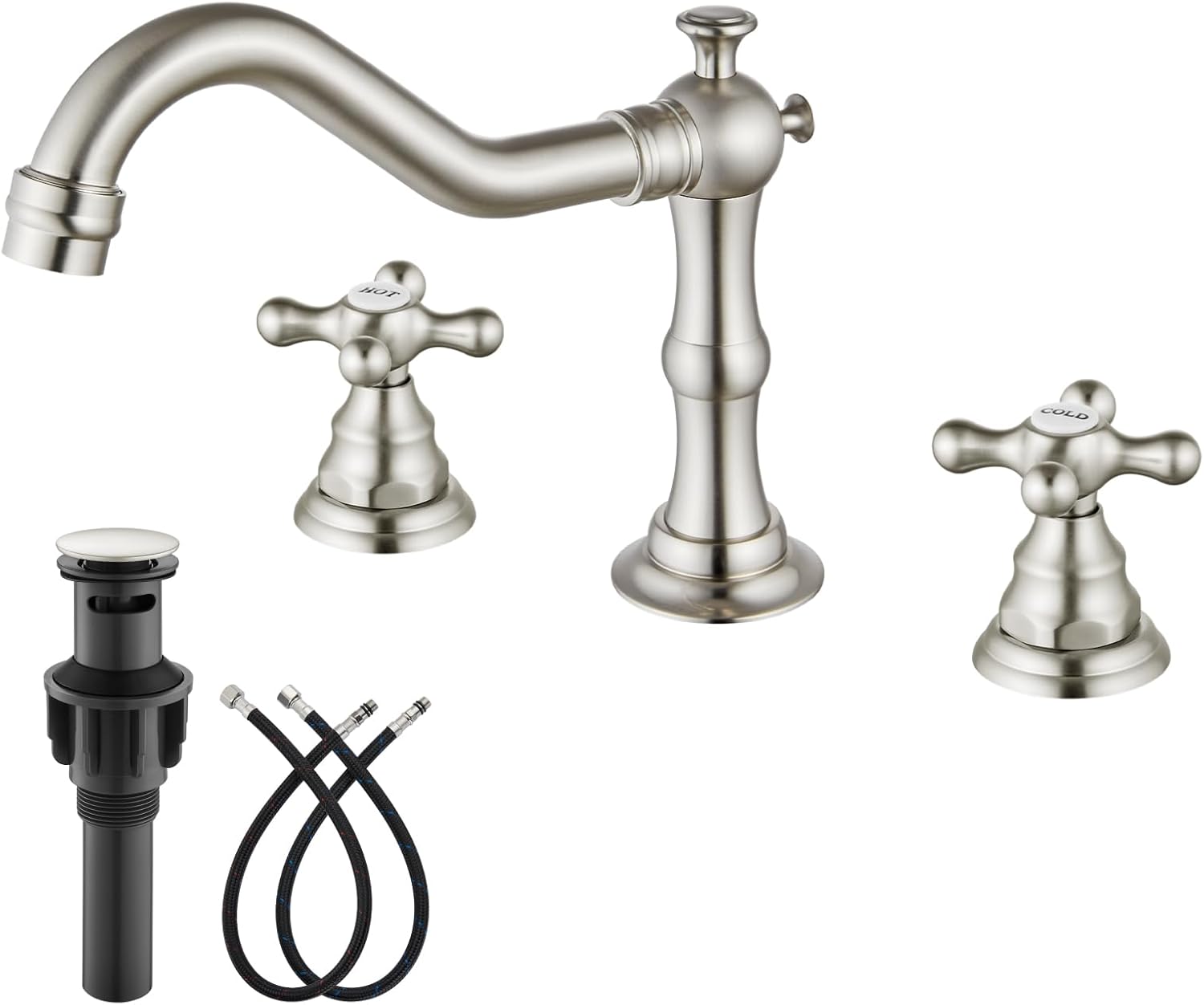 gotonovo Bathroom Faucet 3 Hole 8 Inch Widespread Bathroom Sink Faucet 2 Cross Handles Vintage Lavatory Vanity Mixer Tap with Pop Up Drain, HOT Cold Label, Brushed Nickel