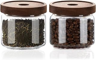 Glass Jars with Airtight Wood Lids - 12 oz Small Kitchen Pantry Storage Containers, Decorative Storage Canisters for Chia Seed, Ground Coffee, Sugar, Tea, Spice, Salt, Matcha, Nuts, Sauce, Set of 2