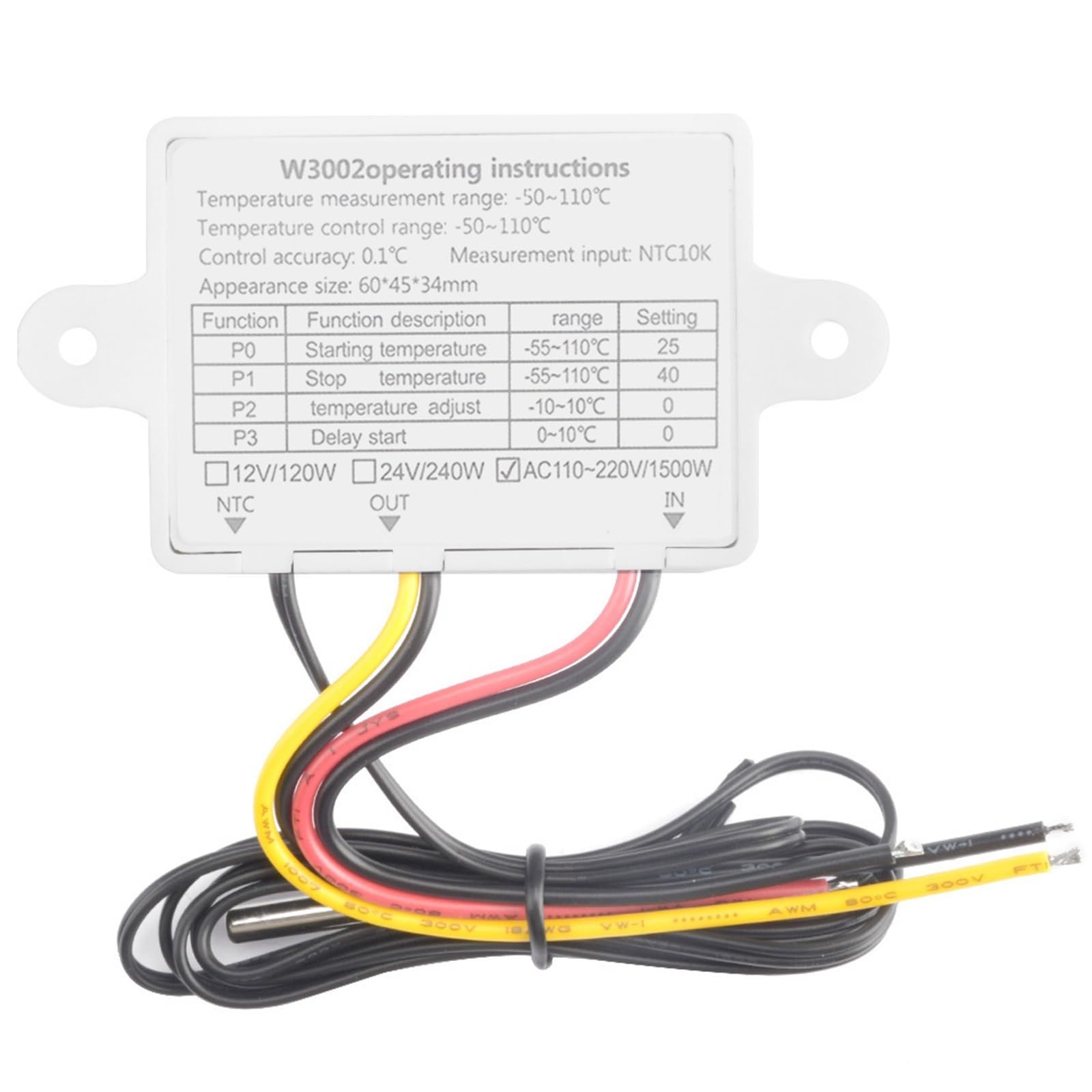1 sztuka W3002/W3001 cyfrowe sterowanie temperaturą, mikrokomputer, termostat, przełącznik, termometr, regulator temperatury, czujnik AC110 AC 220 V (W3001110-220 V, Iso)