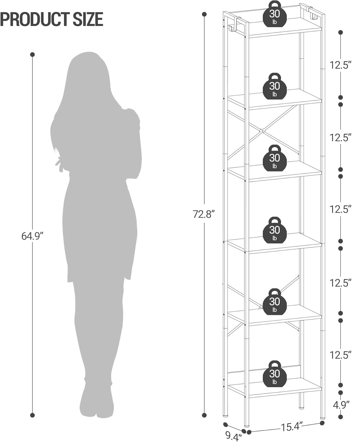 Bookshelf, Book Shelf, Industrial Bookcase with 2 Hooks, Coner Shelf Storage Organizer for Home Office, Living Room, Bedroom, Kitchen, 6-Tier Rustic Brown BC10701B - Image 2