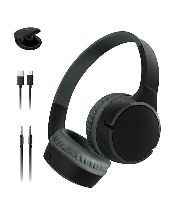 Belkin SoundForm Mini Kids Wireless Headphones w/Built-in Microphone, 30H of Playback Time, Fun Stickers, & Case - Over-Ear Headsets for Online Learning, School, iPhone, iPad, Galaxy, & More - Black by Belkin - Used condition - US$20.88
