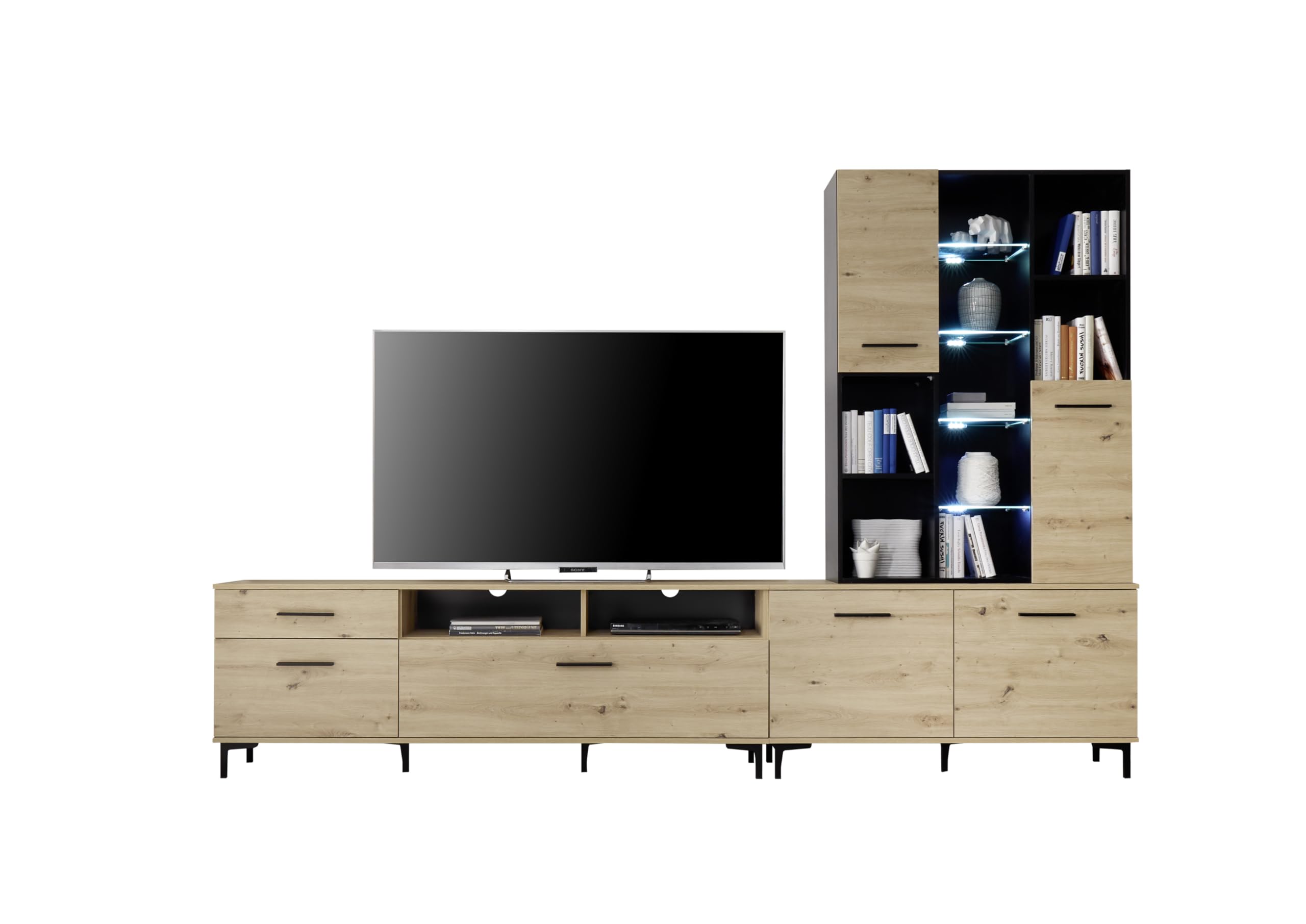 AVANTI TRENDSTORE - Cairate - Moderna parete da soggiorno in legno laminato in stile quercia artigianale e nero, perfetta per ogni salotto. Dimensioni LAP ca. 300x199x38cm